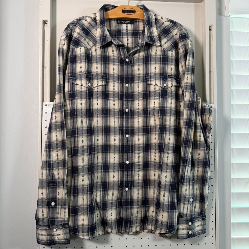 Lucky Brand Western Shirt Black Cream Plaid Pearl Snap Classic Fit Cowboy - XL